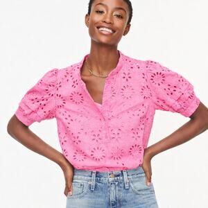 J. Crew Puff Sleeve Popover Top in Eyelet Pink AW539 Size XS